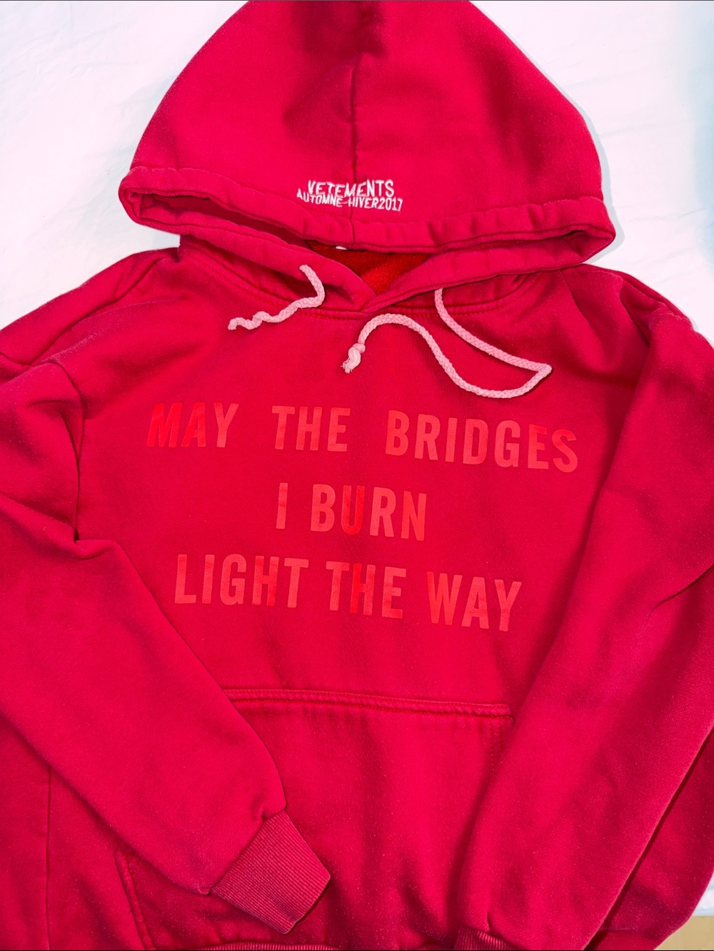 Vetements UNISEX Red Graphic Hoodie with Text Front